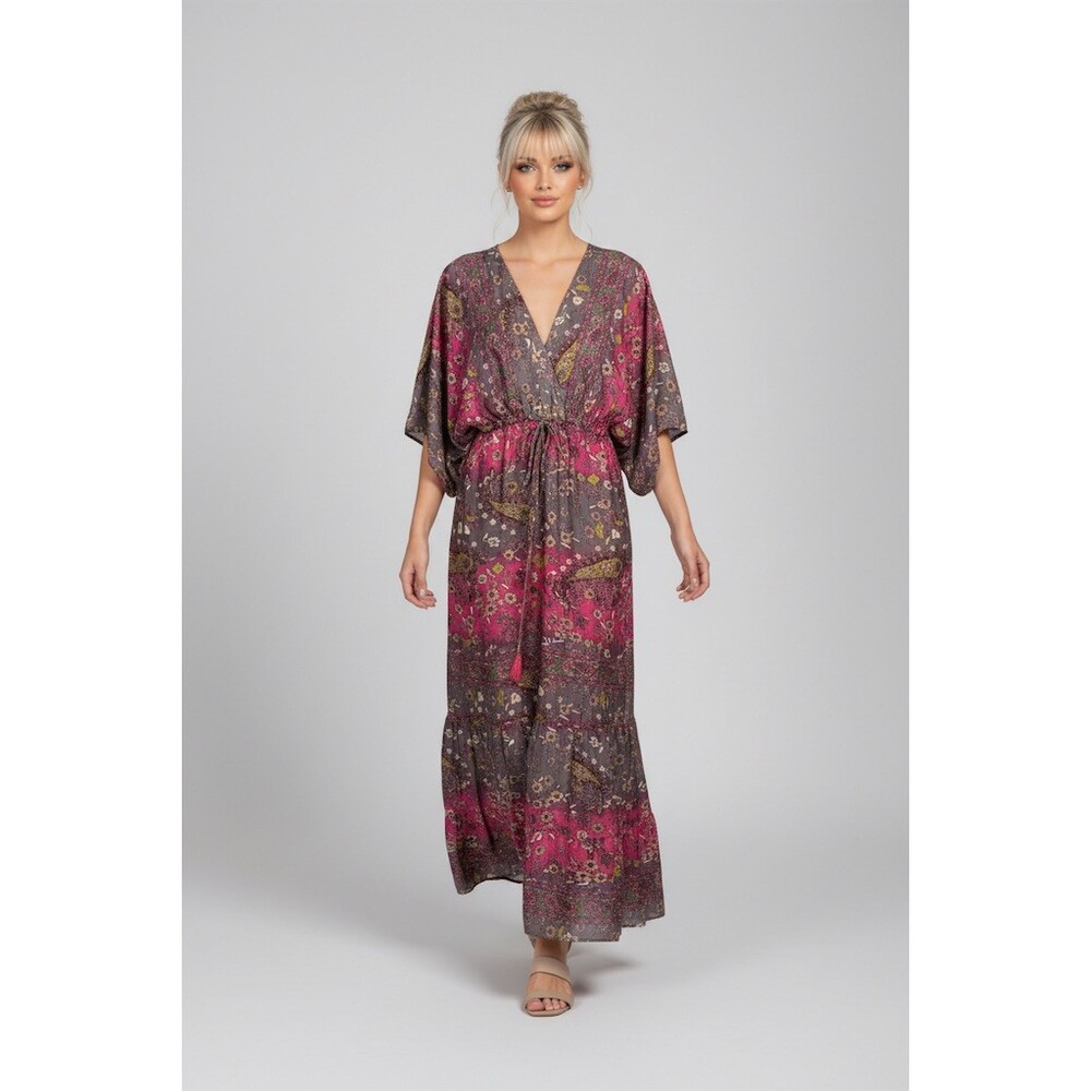 White Waves Boho Maxi Dress Womens L/XL Fuchsia Gray Floral Paisley NWT